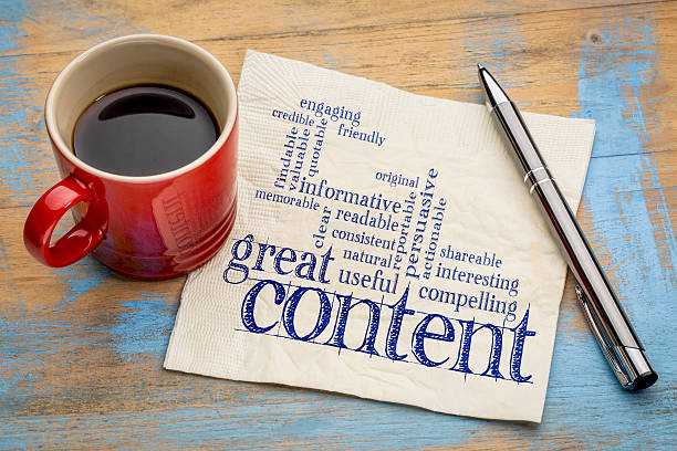 wrting great content concept great content writing word cloud on a napkin with a cup of coffee, business writing and content marketing concept contented emotion stock pictures, royalty-free photos & images