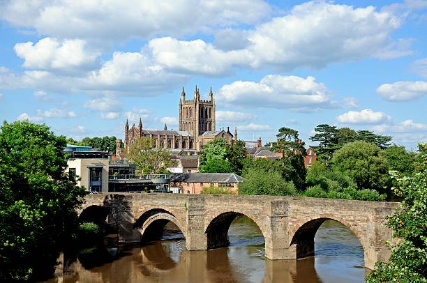 Wye bridge and Cathedral, Hereford. stock photo