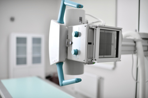 Xray Examination Roentgen Cabinet In The Medical Hospital Stock