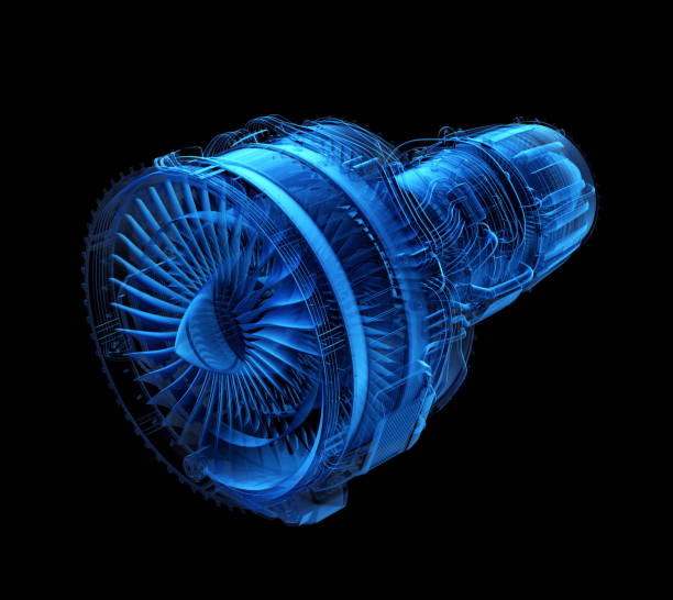 X-ray style turbofan jet engine isolated on black background stock photo