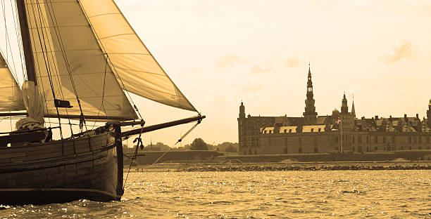 Yacht and Castle in Sepia stock photo