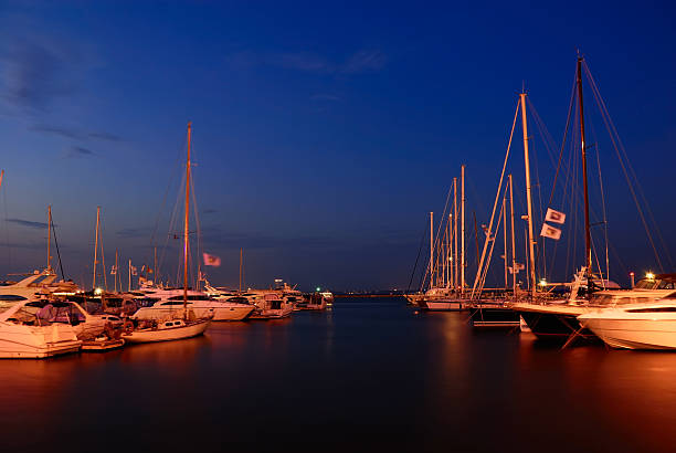 yacht club at twilight stock photo