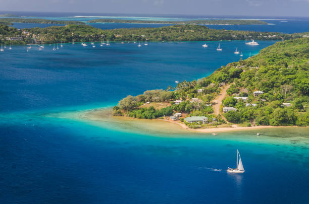Yacht cruising Kingdom of Tonga,  from above stock photo