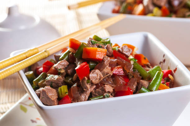 yakisoba meat with vegetables stock photo