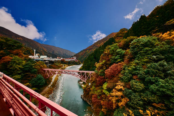 Yamabiko bridge at Unazaki station in Kurobe Gorge, Toyama, Japan. stock photo