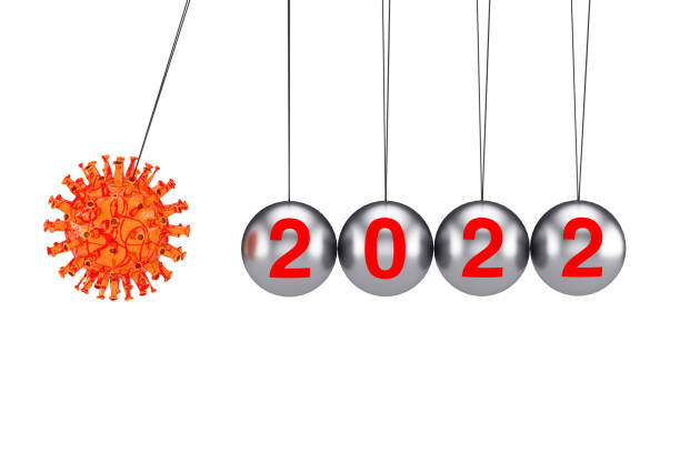 2022 Year World Crisis Concept. Coronavirus COVID-19 Cell Attack Newtons Cradle Balancing Ball with 2022 Year Sign. 3d Rendering stock photo