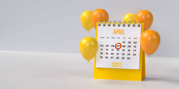 Yellow 7th April, World Helath Day, desk calendar 2022 with ballons on blank background with copy space. stock photo