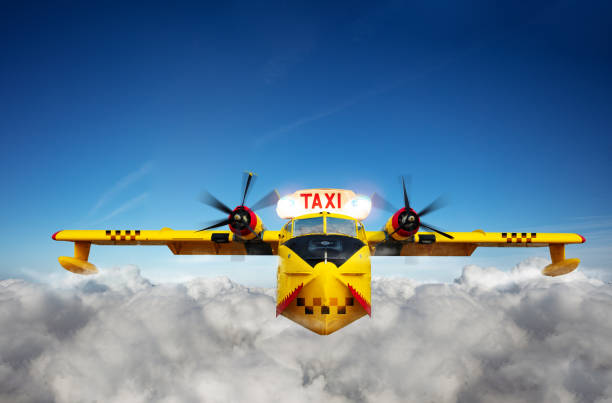 Yellow air taxi airplane transportation in sky stock photo