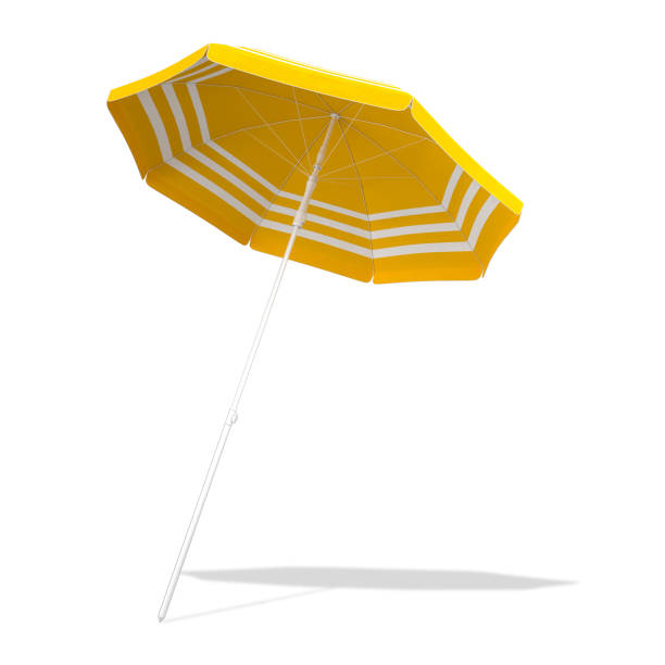 parasol jaune de parapluie de plage d’isolement sur le fond blanc avec le chemin de découpage, rendu 3d - parasol photos et images de collection