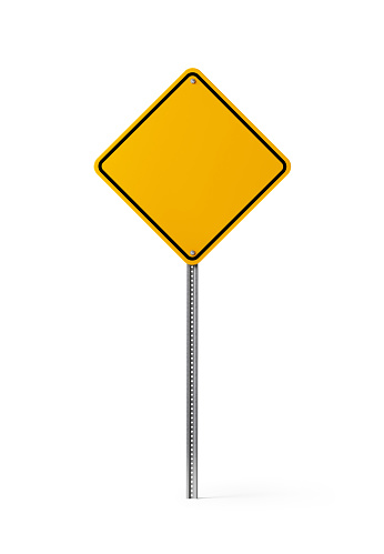 High quality 3d render of a yellow blank traffic sign isolated on white background. Clipping path is included. Great use as a template. Vertical composition with copy space.