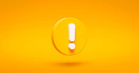 Yellow exclamation mark symbol and attention or caution sign icon on alert danger problem background with warning graphic flat design concept. 3D rendering.