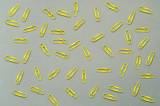 Yellow paper clips on gray background. Office tools. Trendy colors of 2021. Close-up