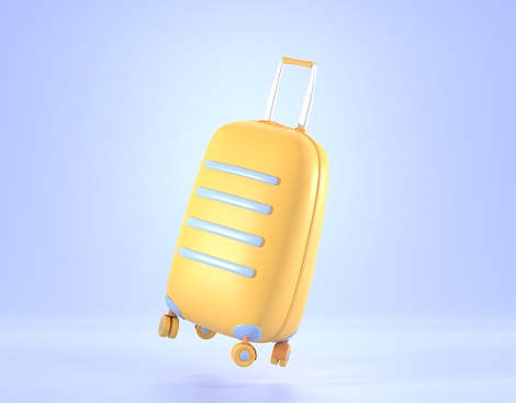 Yellow plastic suitcase with wheels, angle view. Flying luggage bag for summer journey or vacation trip on blue sky background. Baggage for flight and sea beach holiday, 3d render. Travel banner.