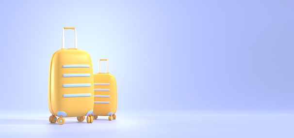 Yellow plastic suitcases with wheels, angle view. Luggage bags for summer journey or vacation trip isolated on purple background. Baggage for flight and sea beach holiday, 3d render. Travel banner.
