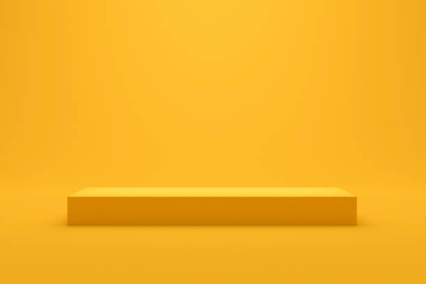 Yellow podium shelf or empty studio display on vivid summer background with minimal style. Blank stand for showing product. 3D rendering.  base sports equipment stock pictures, royalty-free photos & images