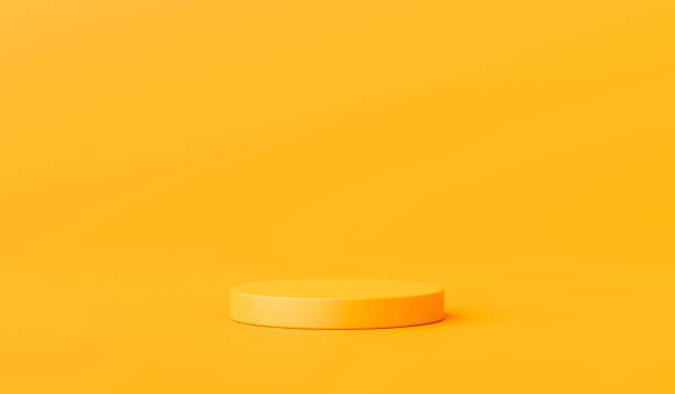 Yellow product background stand or podium pedestal on advertising display with blank backdrops. 3D rendering. stock photo