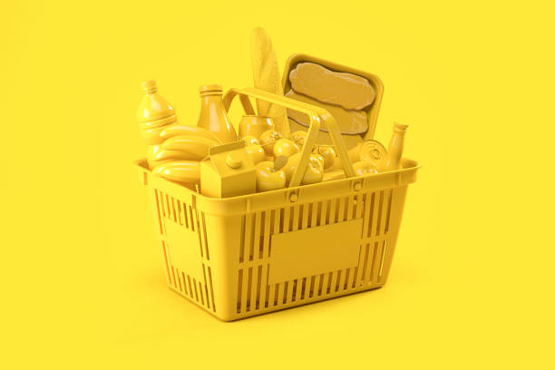 yellow shopping basket with yellow food on yellow background. food delivery. - store render imagens e fotografias de stock