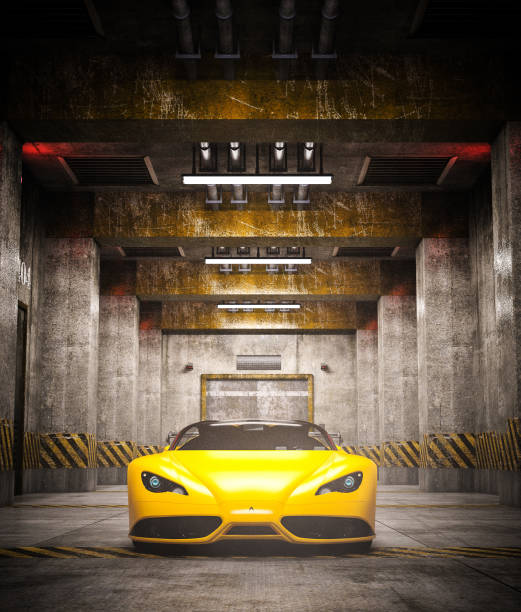 Yellow sports concept car in restricted area stock photo