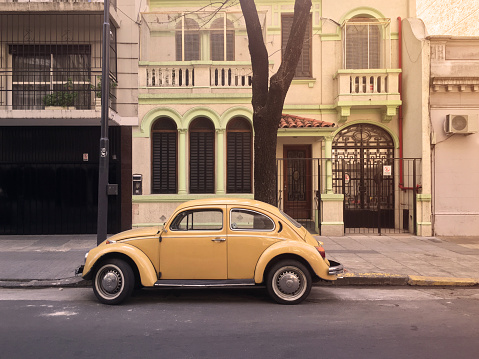 Buenos Aires, Argentina - September 7, 2019:  Old model of VW Beetle in very good condition parked in the street. There are lots of this cars that still can be moving around the city
