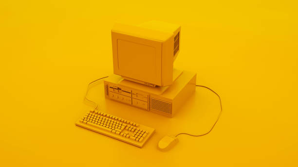 gelbe vintage computer-tastatur und maus. 3d-illustration - datenspeicher diskette stock-fotos und bilder