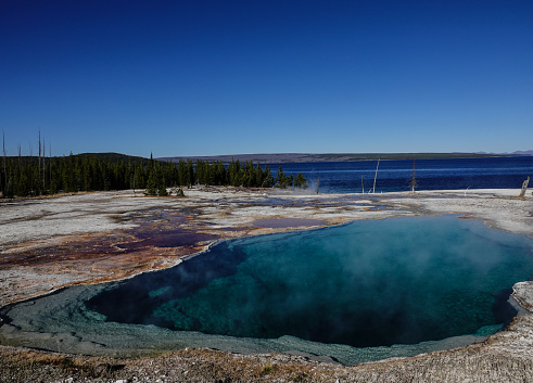 Black Pool hot spring with Yellowstone Lake in the background