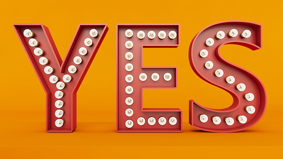 Yes and Light Bulb Sign. 3D Render