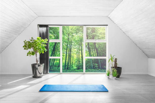 Yoga gym room in a green forest stock photo