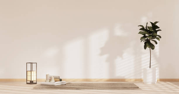 yoga interior design,cleaning minimalist room japan style. 3D rendering stock photo