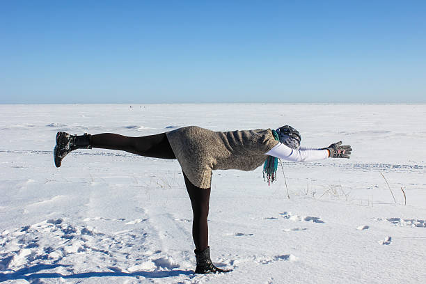 Yoga practice outside. Winter stock photo