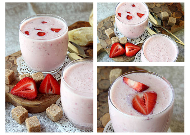 Yogurt with banana and strawberry in the glass.. stock photo