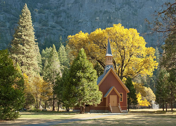 Yosemite Chapel in Forest With Fall Color stock photo