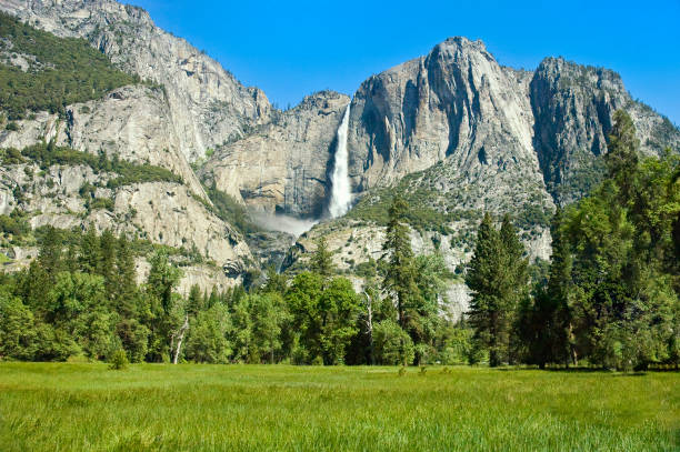 Yosemite Falls at Yosemite Valley, National Park. stock photo