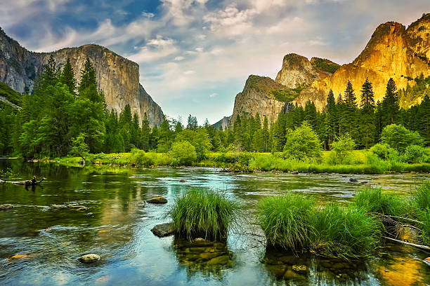 Yosemite National Park sunset Sunset over Yosemite Valley reflected in Merced River. californian sierra nevada stock pictures, royalty-free photos & images