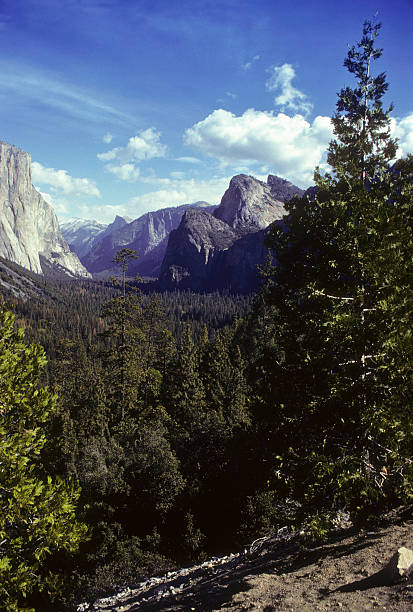 Yosemite Valley, circa 1978 A bright sunny wide shot of the entire Yosemite Valley, with El Capitan, the Three Sisters, and Halfdome in the distance. Taken from the tunnel entrance to the Valley. hearkencreative stock pictures, royalty-free photos & images