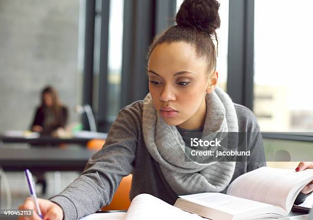 Young afro american woman doing assignments in library