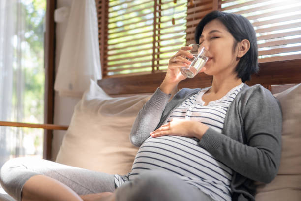 Young Asian pregnant woman sitting on sofa drinking pure fresh glass of water in the morning stock photo