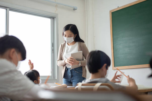 Young Asian Teacher wearing protective face mask teaching her students in classroom at the international school. stock photo