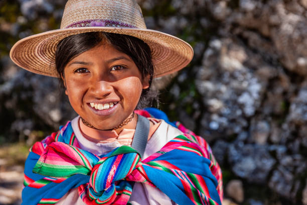 Young Aymara woman on Isla del Sol, Lake Titicaca, Bolivia stock photo