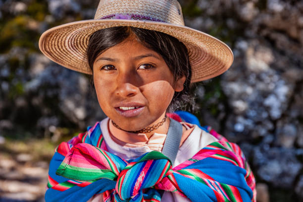 Young Aymara woman on Isla del Sol, Lake Titicaca, Bolivia stock photo