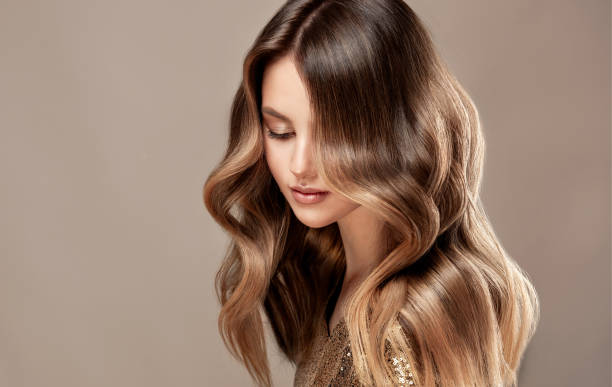 Young, beautiful brown haired woman with dense, dyed long hair.Hairdressing art and hair coloring. Young, beautiful brown haired woman is demonstrating wavy, dense, dyed long hair. Shades of brown color in a locks of hair. Multilayer, complex colouring of woman hair. Modern trends of hair dye. Hairdressing art and hair care. hairstyle stock pictures, royalty-free photos & images