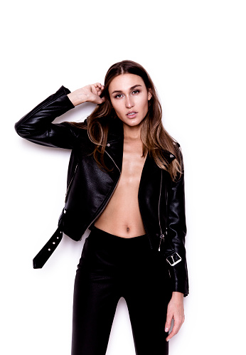 Young Beautiful Woman Wearing Sexy Trendy Clothes Black Leather Jacket ...
