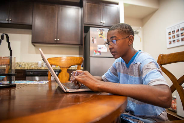 Young Black boy homeschooling A young boy using a computer at home quarantine photos stock pictures, royalty-free photos & images