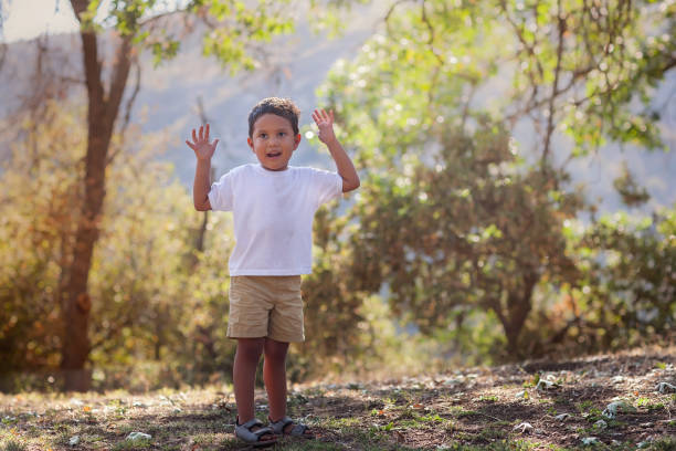 Young boy advancing to preschool age is outdoors learning to catch a ball with  his arms up in th air, in southern California setting. stock photo