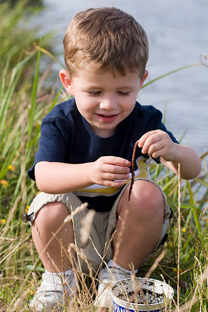 Young boy looking at worm crouching stock photo