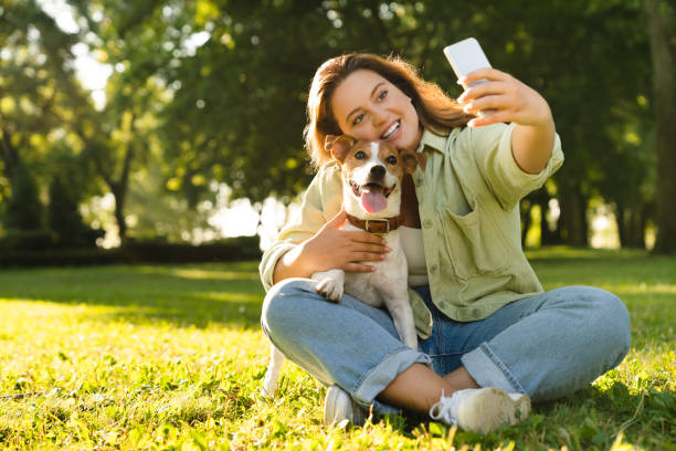 Young caucasian woman student female pet owner taking selfie photo image on smart phone, having video call conversation with dog jack russell terrier online in park stock photo