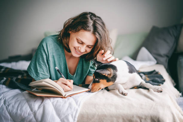 Young cheerful woman lying in the morning on the bed writing in a diary with her companion bassengi dog stock photo