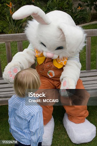 istock Young child walking up to Easter bunny 172224718
