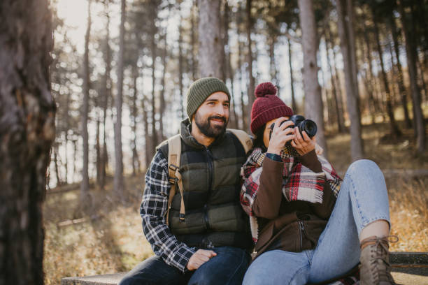 young couple make a Camping trip stock photo