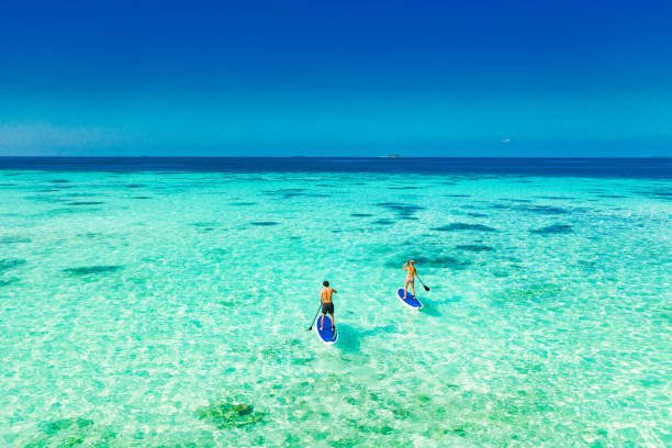 Young couple paddling on paddleboard in tropical ocean stock photo
