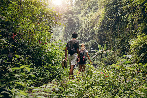 young couple walking through woods - klimbos stockfoto's en -beelden